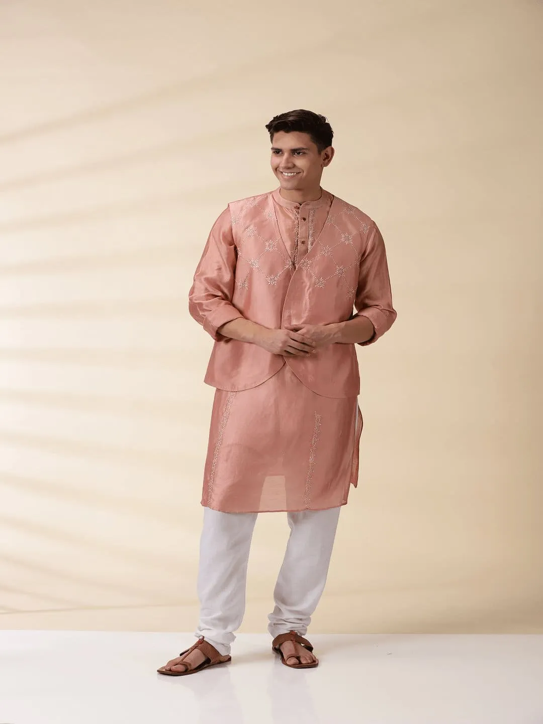 Peach Chanderi Men Sadri & Kurta Set