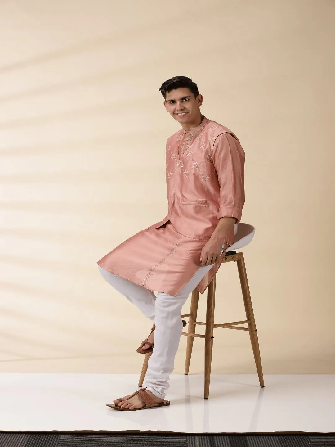 Peach Chanderi Men Sadri & Kurta Set