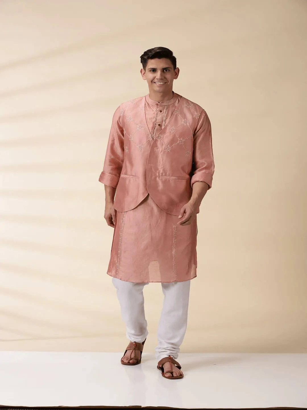 Peach Chanderi Men Sadri & Kurta Set