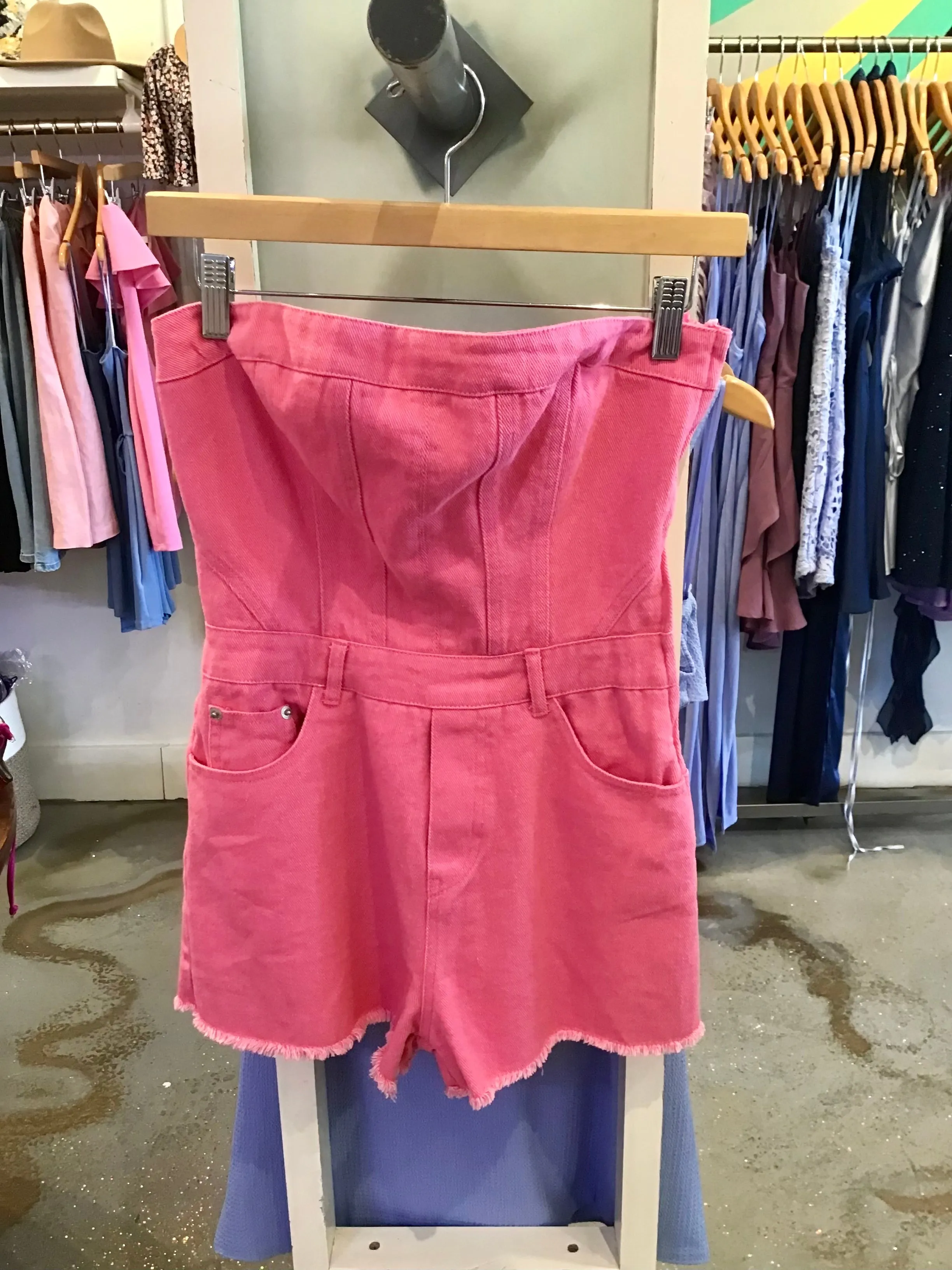 Pink strapless denim romper