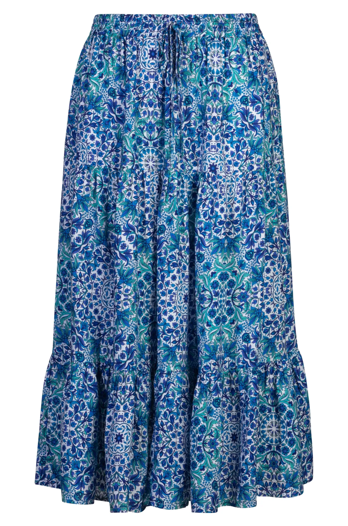 Pull on elastic waist Tiered Skirt | Blues Sage Vine | 3367A1