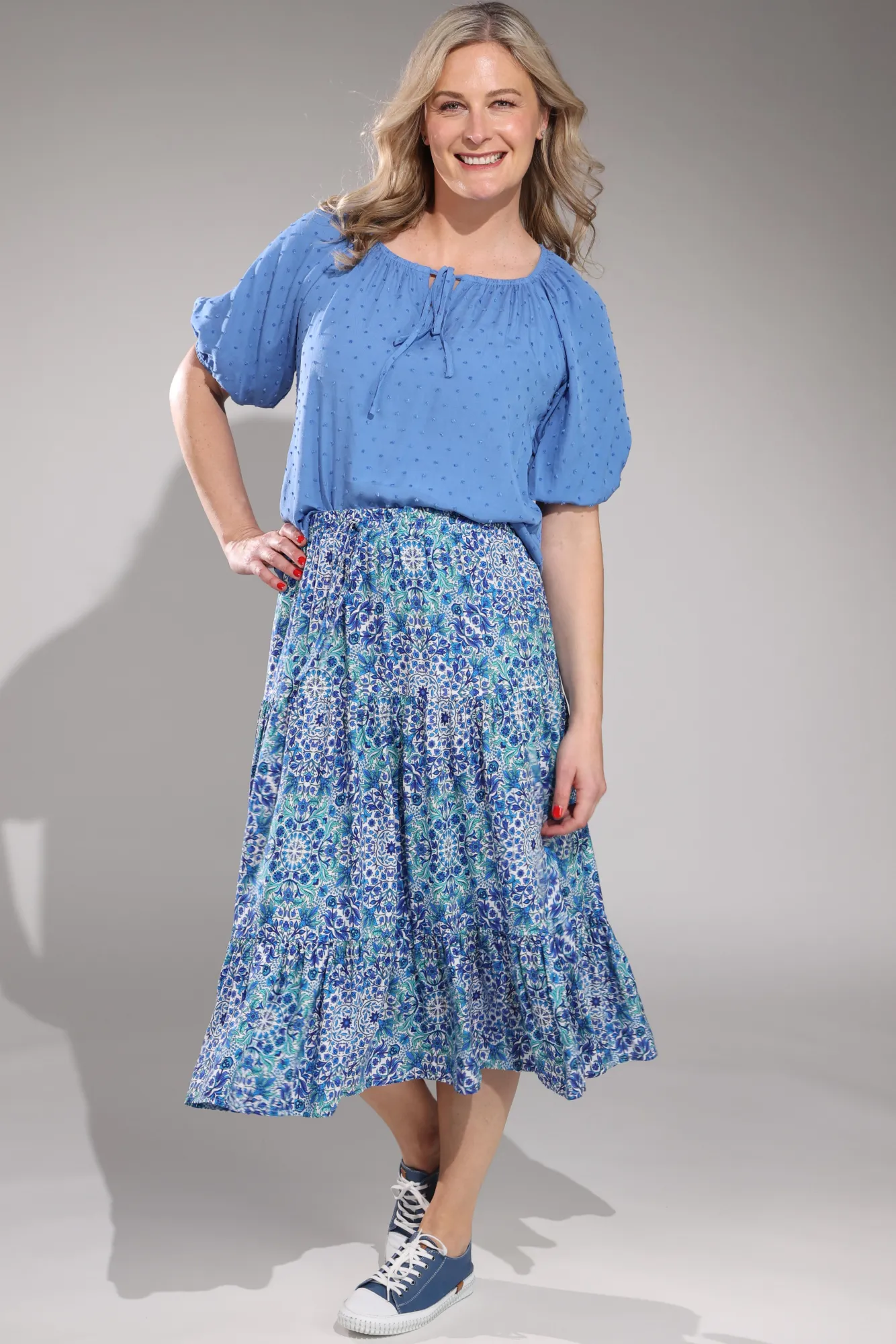 Pull on elastic waist Tiered Skirt | Blues Sage Vine | 3367A1