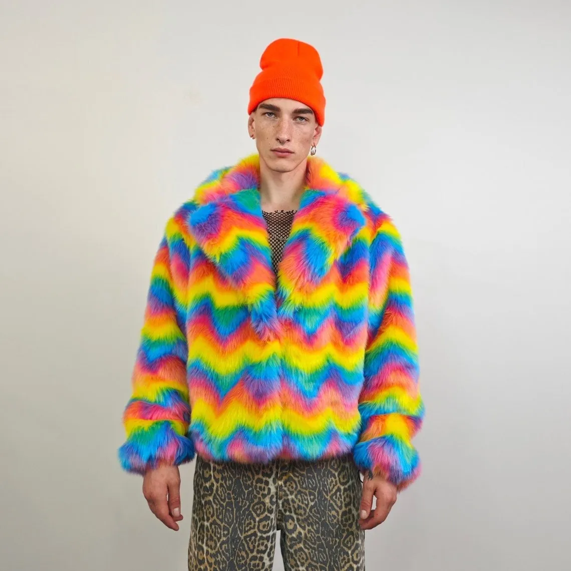 Rainbow faux fur coat cropped unicorn bomber fluffy carnival fleece detachable sleeves festival jacket burning man short luminous overcoat