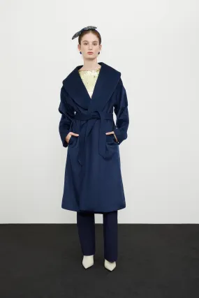 Roman Shawl Collar Belted Coat  Navy