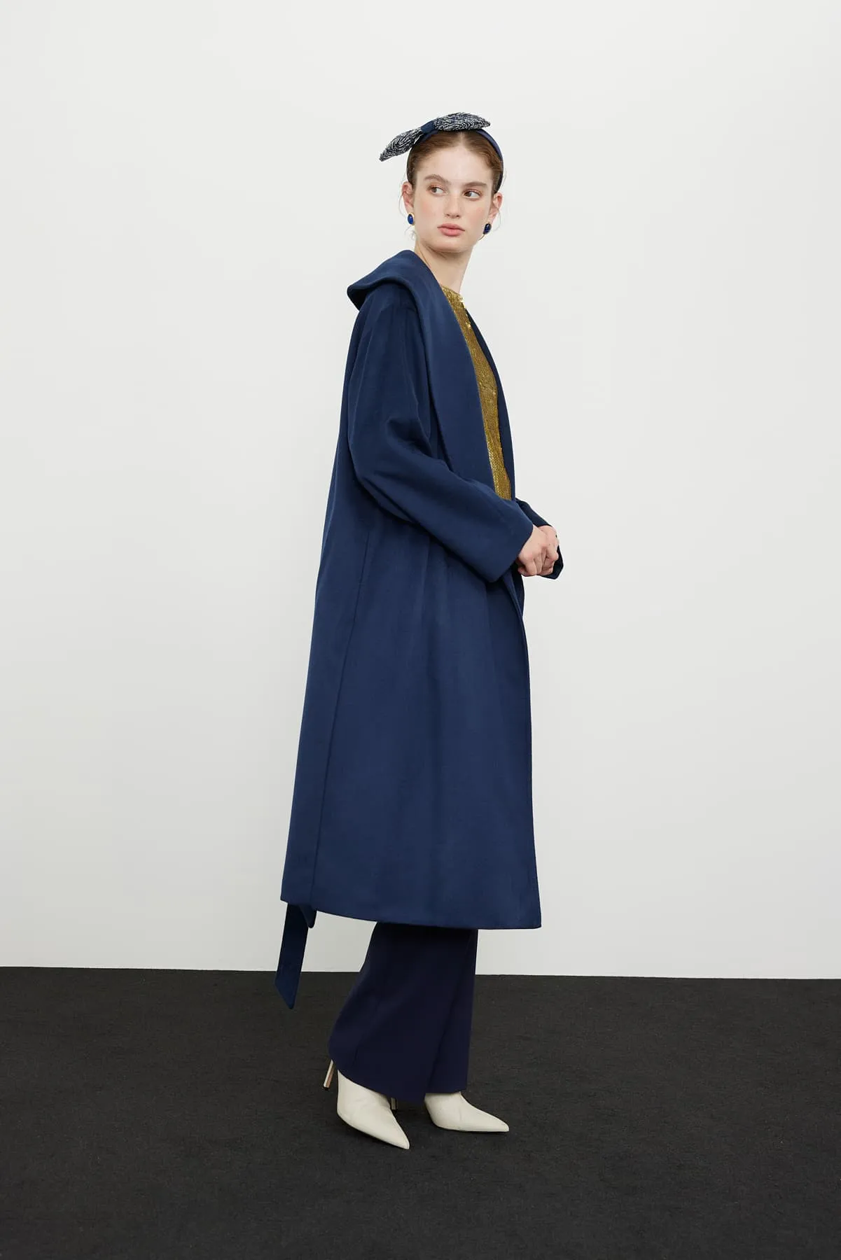 Roman Shawl Collar Belted Coat  Navy