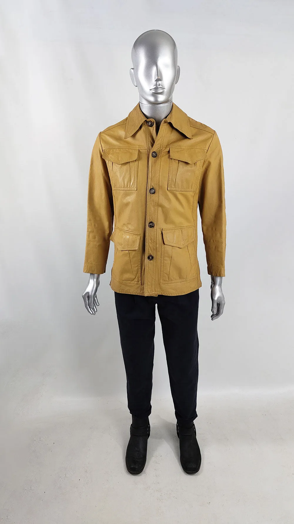 Rugged Vintage 70s Mens Yellow Real Leather Jacket