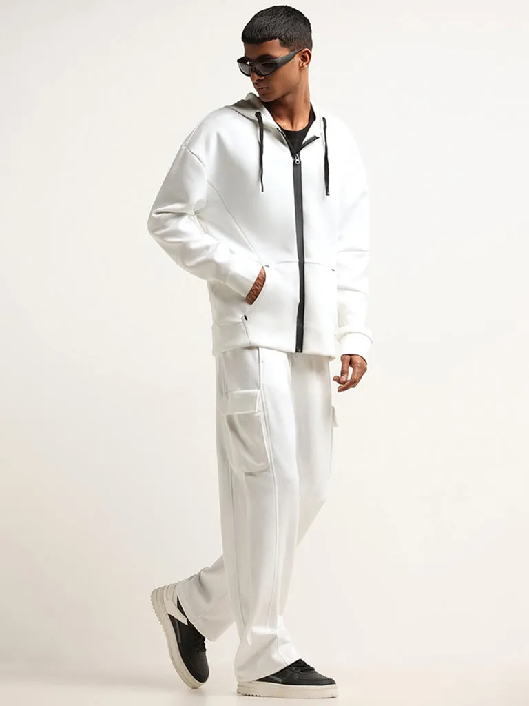 Studiofit White Mid Rise Cotton Blend Straight Fit Cargo Pants