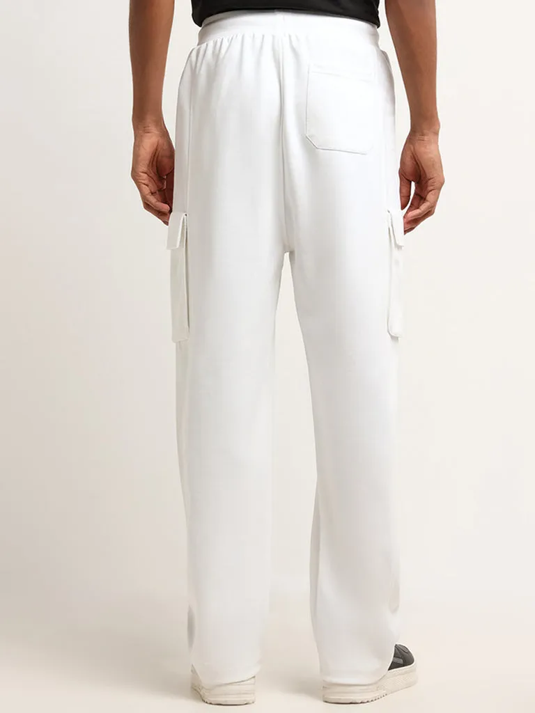 Studiofit White Mid Rise Cotton Blend Straight Fit Cargo Pants