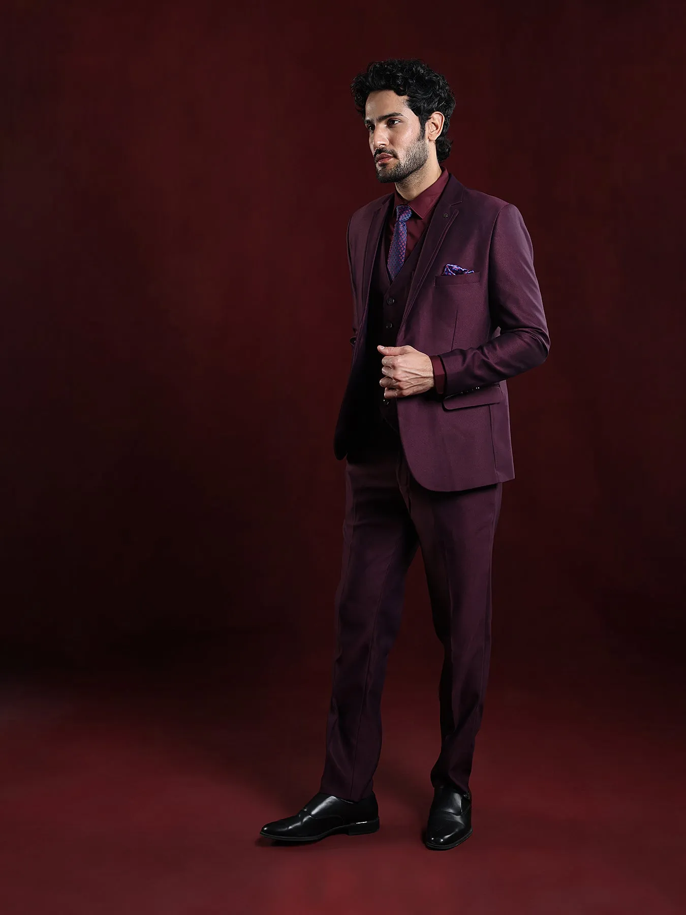 Terry Rayon Maroon Dobby 3 Pieces Full Sleeve Ceremonial Suit