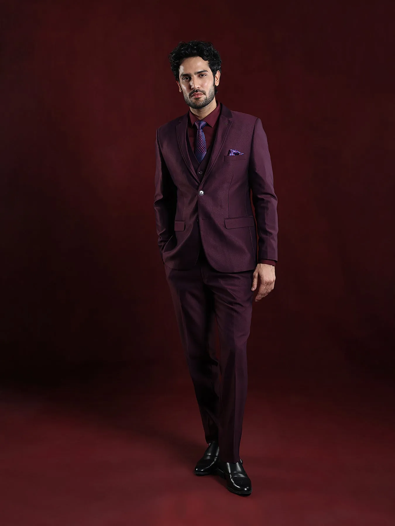 Terry Rayon Maroon Dobby 3 Pieces Full Sleeve Ceremonial Suit