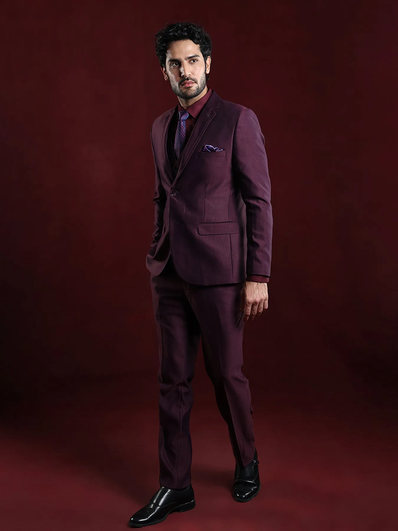 Terry Rayon Maroon Dobby 3 Pieces Full Sleeve Ceremonial Suit