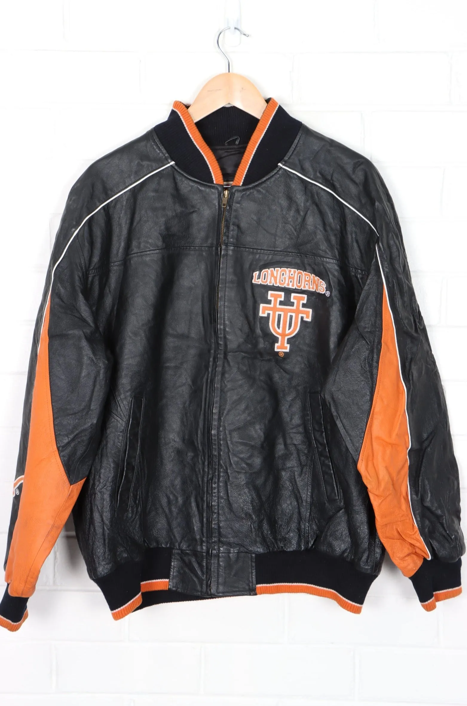 Texas Longhorns NCAA Front Back Embroidered Leather Bomber Jacket (L)