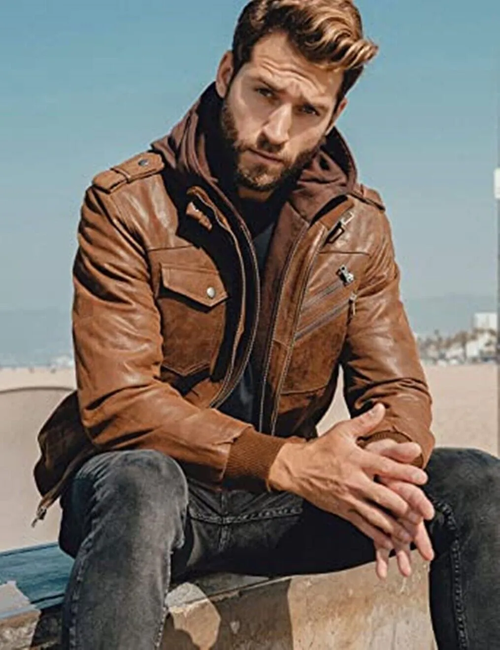 Ultimate Style and Comfort: Empowering Distressed Brown Detachable Hooded Jacket, Crafted from Luxurious Sheep Leather, Featuring a Dynamic Hooded Collar