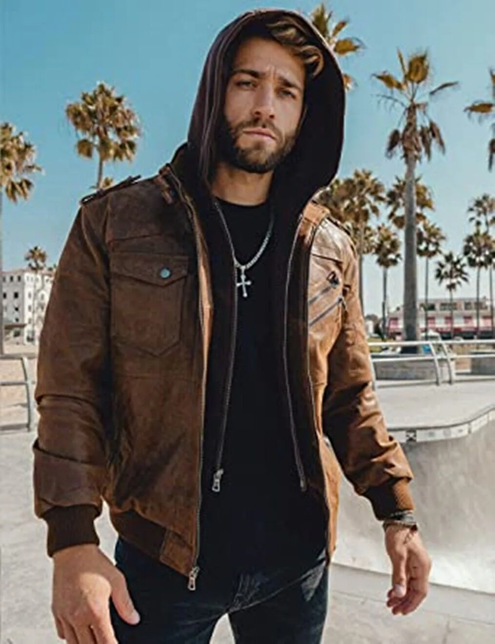 Ultimate Style and Comfort: Empowering Distressed Brown Detachable Hooded Jacket, Crafted from Luxurious Sheep Leather, Featuring a Dynamic Hooded Collar