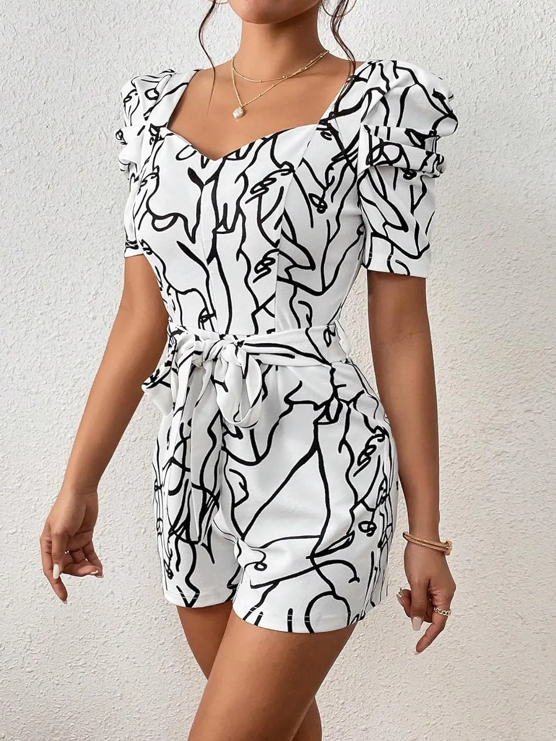 White Sweetheart Graphic Printed Short Sleeve Romper