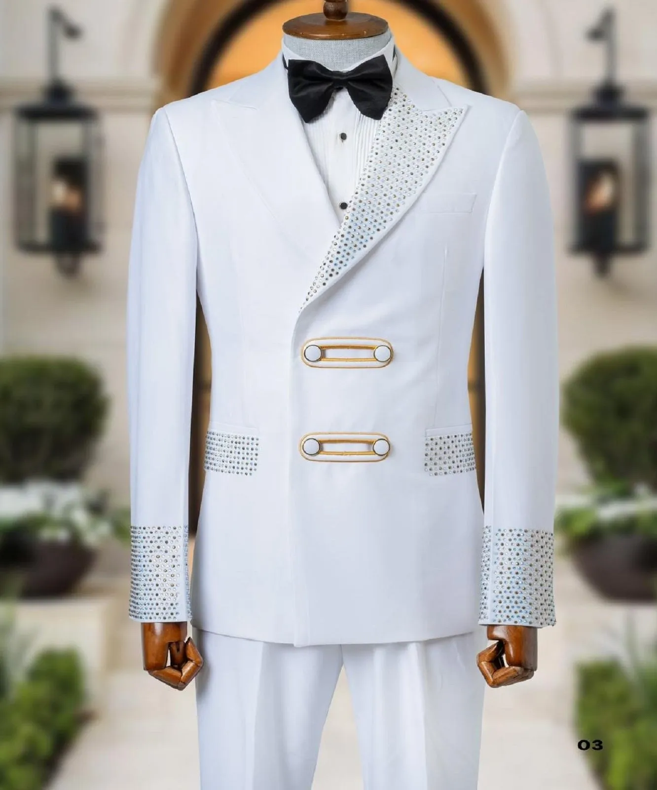 White Tuxedo Jacket With Golden Stones