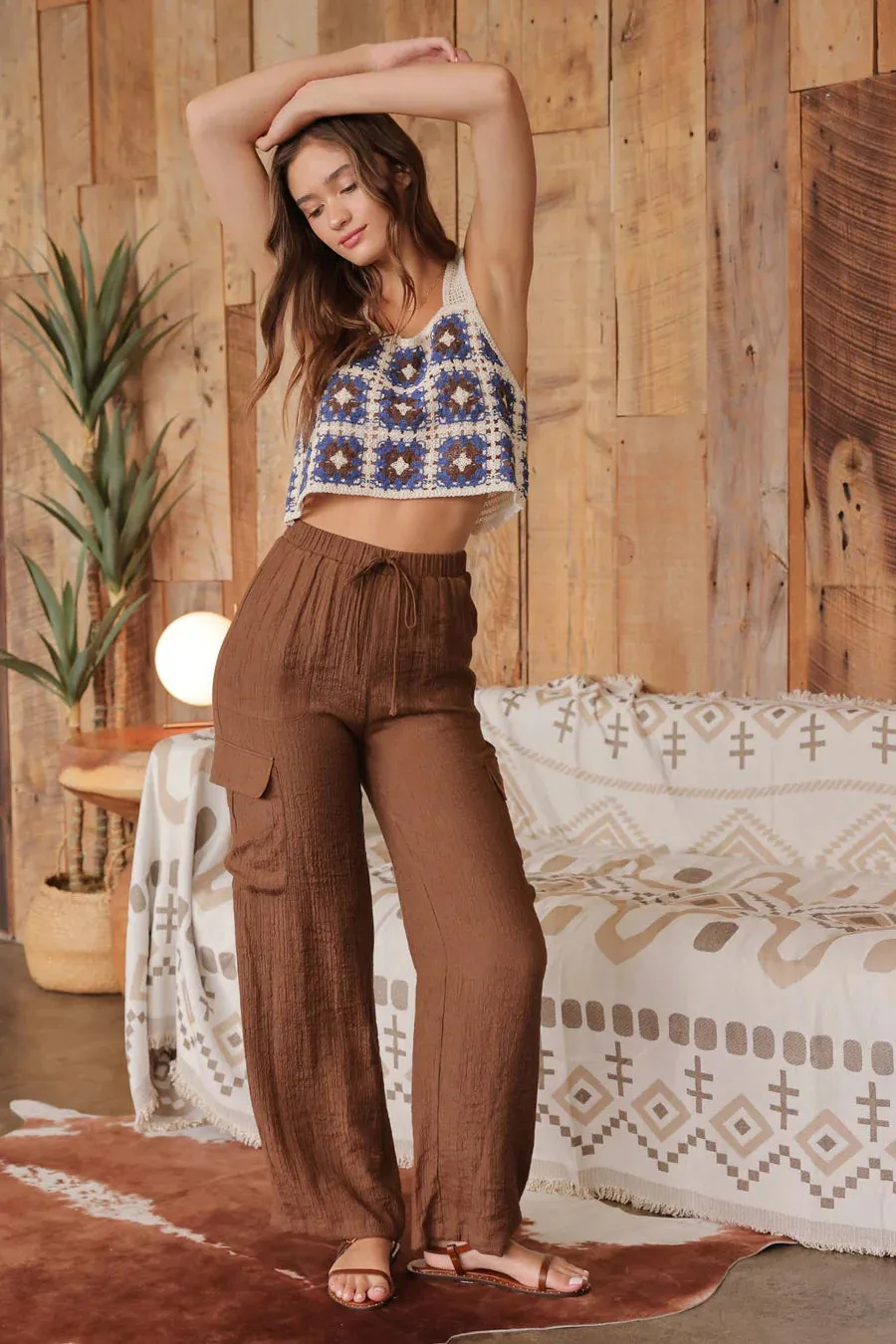 Wide Leg Drawstring Cargo Pants