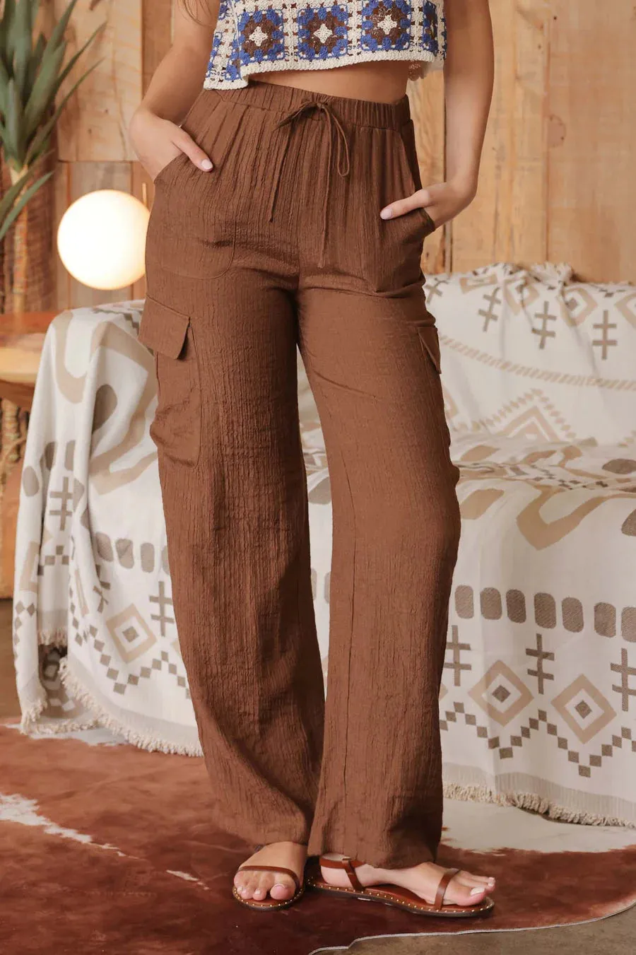 Wide Leg Drawstring Cargo Pants