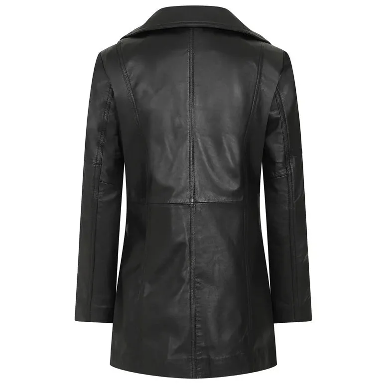 Women's Black Long Leather Biker Jacket By 3A