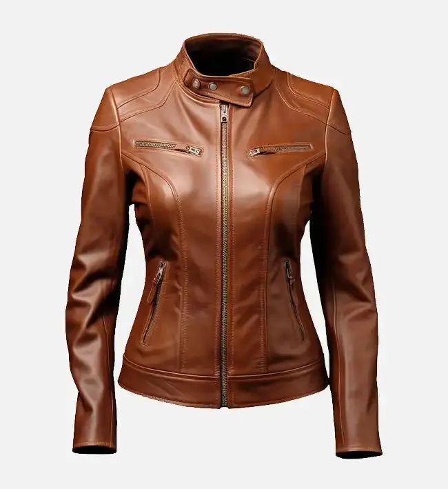 Women's Cafe Racer Brown Leather Jacket