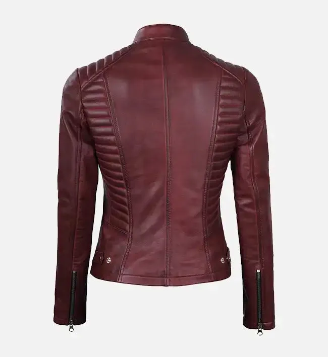 Women's Maroon Leather Cafe Racer Jacket