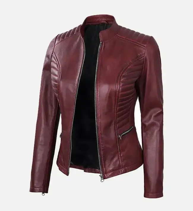 Women's Maroon Leather Cafe Racer Jacket