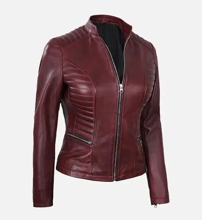 Women's Maroon Leather Cafe Racer Jacket