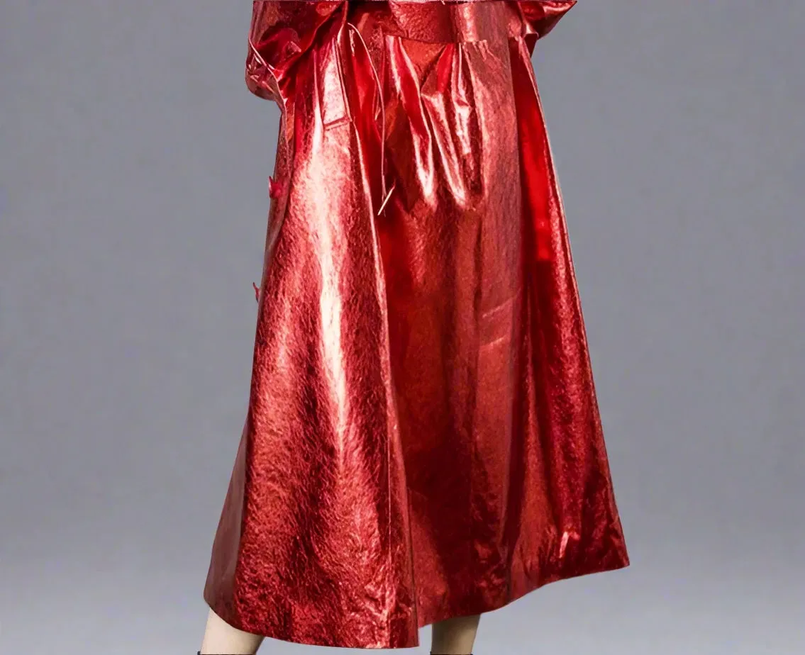 Women's Red Metallic Faux Leather Maxi Coat